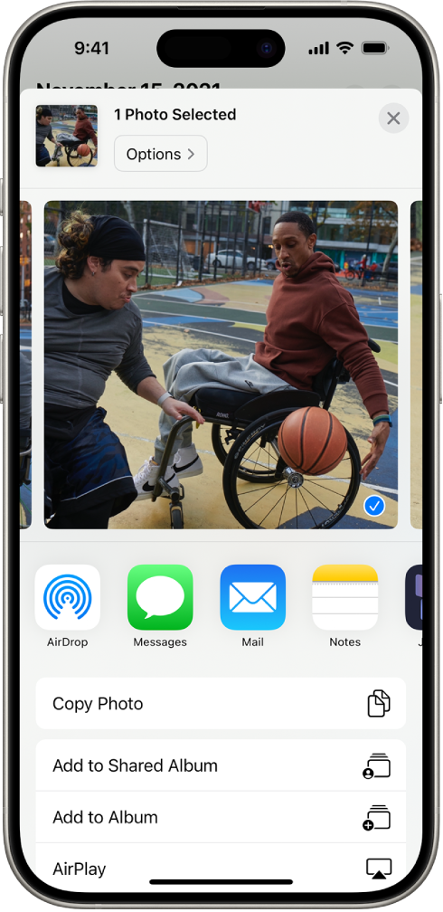 A selected photo is displayed in the top half of the iPhone screen, with a row of share options below. Additional options appear below, including Copy Photo, Add to Shared Album, Add to Album, and AirPlay.