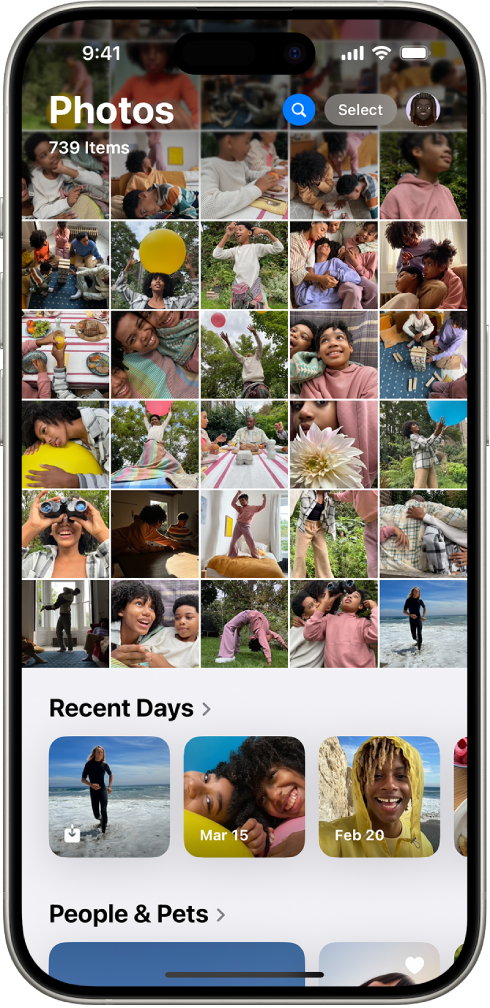 The Photos app is open. The top two-thirds of the screen shows the photo library in a grid. Below that is the Recent Days collection of photos, and below that is the People & Pets collection.