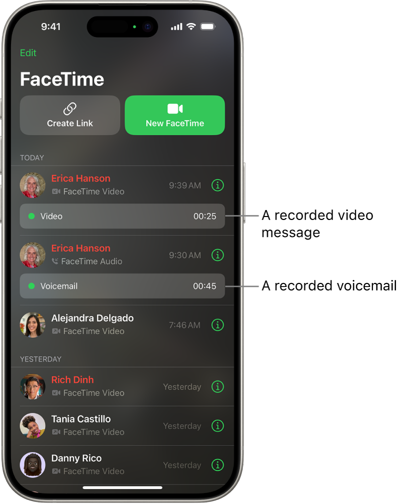 The FaceTime call history, with links to a recorded video message and a voicemail.