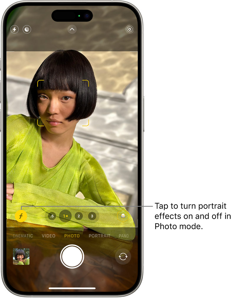 The Camera screen in Photo mode; in the viewfinder, the subject is sharp and the background is blurred. In the bottom left corner of the view finder, the Depth button is selected to apply the portrait effect.