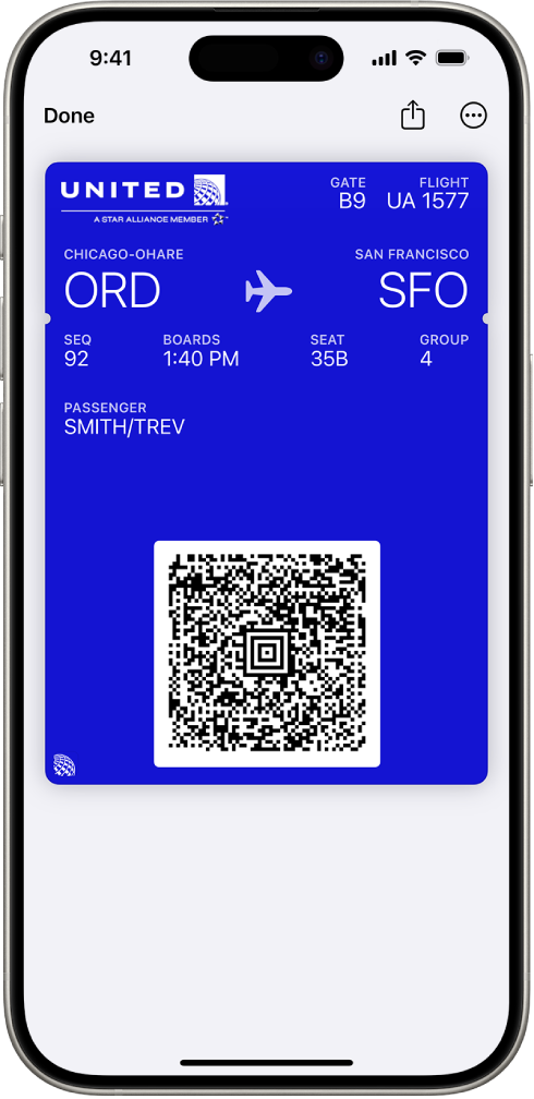 A boarding pass in the Wallet app, showing the flight information and a QR code.