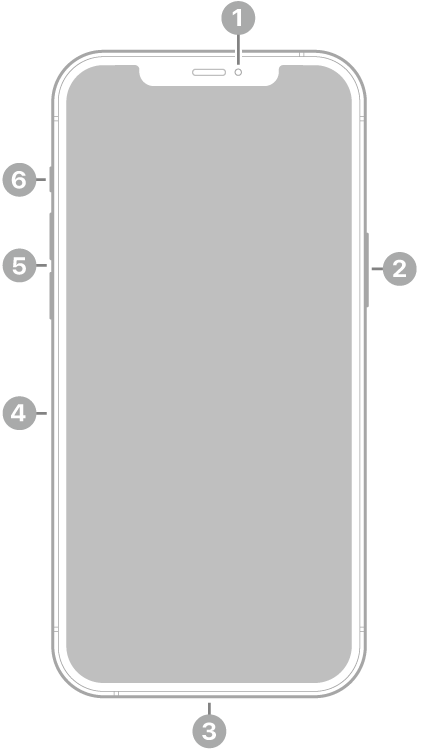 Vista frontal del iPhone 12 Pro Max. La cámara frontal está en la parte superior central. El botón lateral está en el lateral derecho. El conector Lightning está en la parte inferior. En el lateral izquierdo, de abajo a arriba, se encuentran la bandeja de la tarjeta SIM, los botones de volumen y el interruptor de Tono/Silencio.