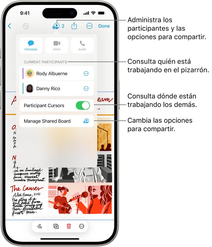 Un pizarrón compartido de Freeform en el iPhone con el menú de colaboración abierto.