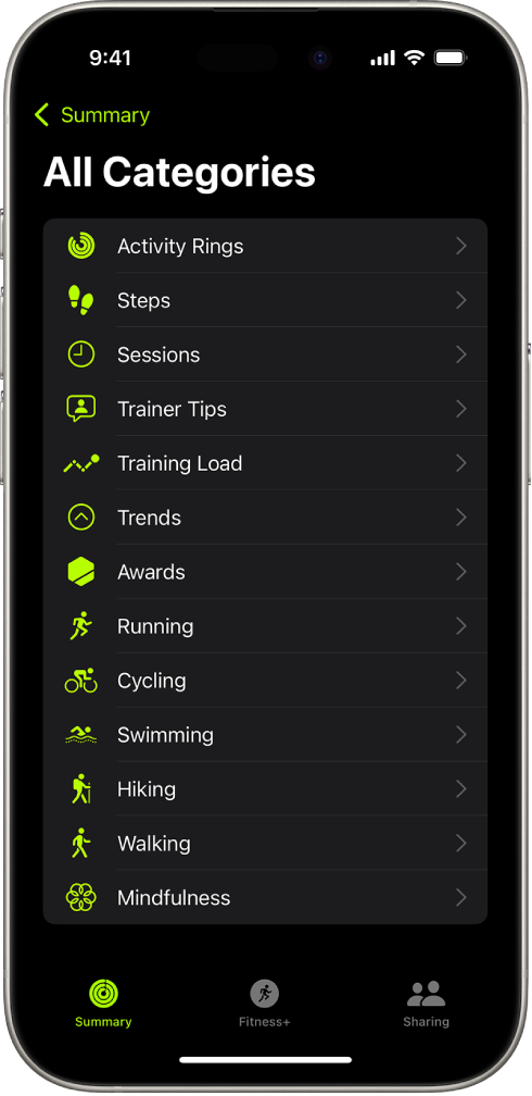 La pantalla Fitness muestra una lista de categorías de fitness.