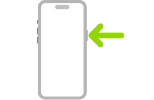 Ilustración del iPhone con una flecha que apunta al botón lateral en la parte superior derecha.