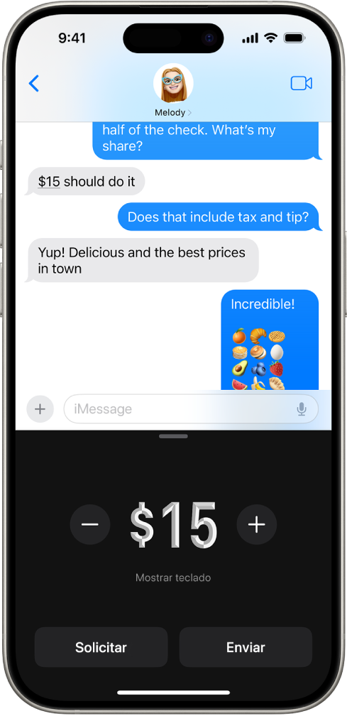 Conversación de iMessage con la app Apple Pay abierta en parte inferior.