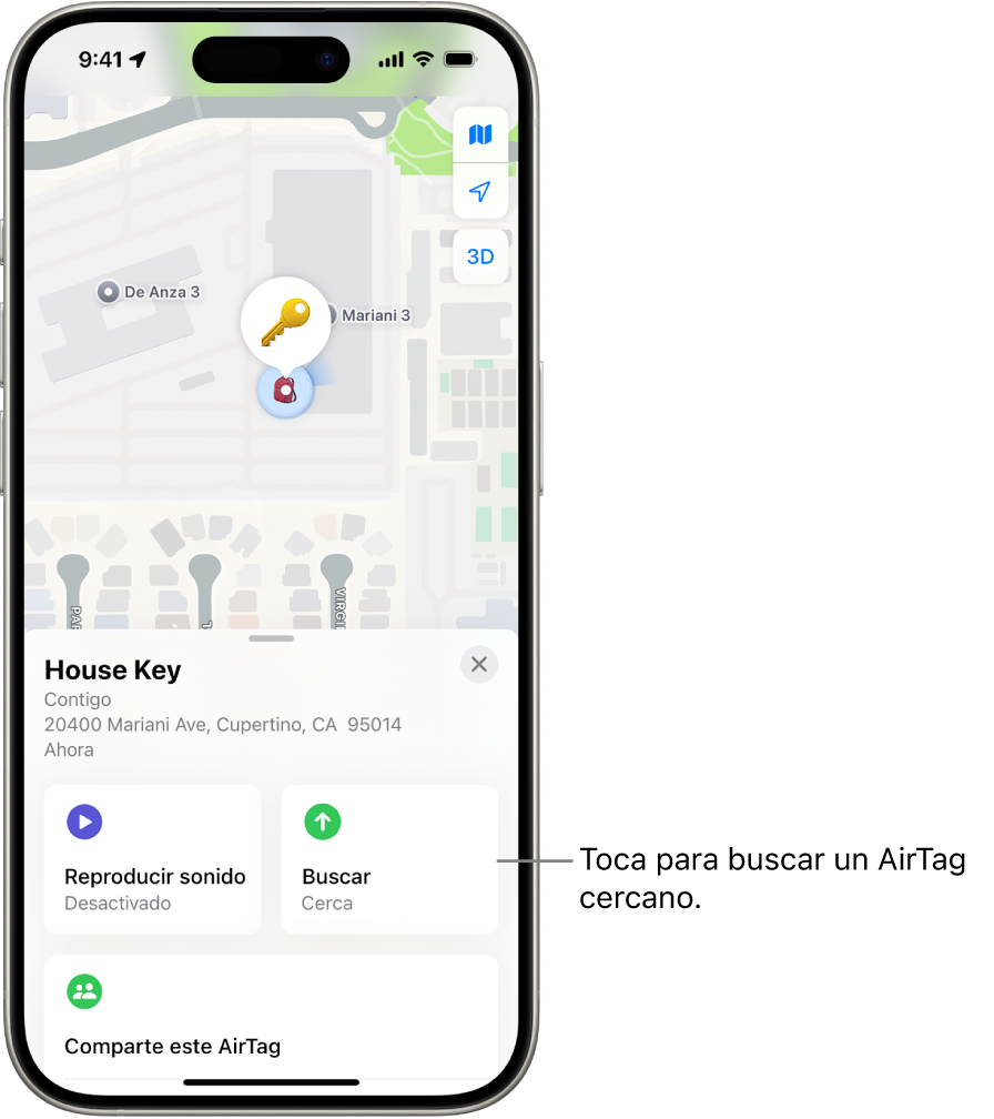 App Buscar abierta, que muestra las llaves de Dani en el parque del Retiro. Toca el botón Buscar para localizar un AirTag cercano.