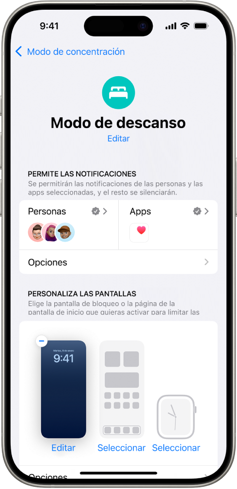 Pantalla del modo de concentración de descanso que muestra tres personas y una app que pueden enviar notificaciones.