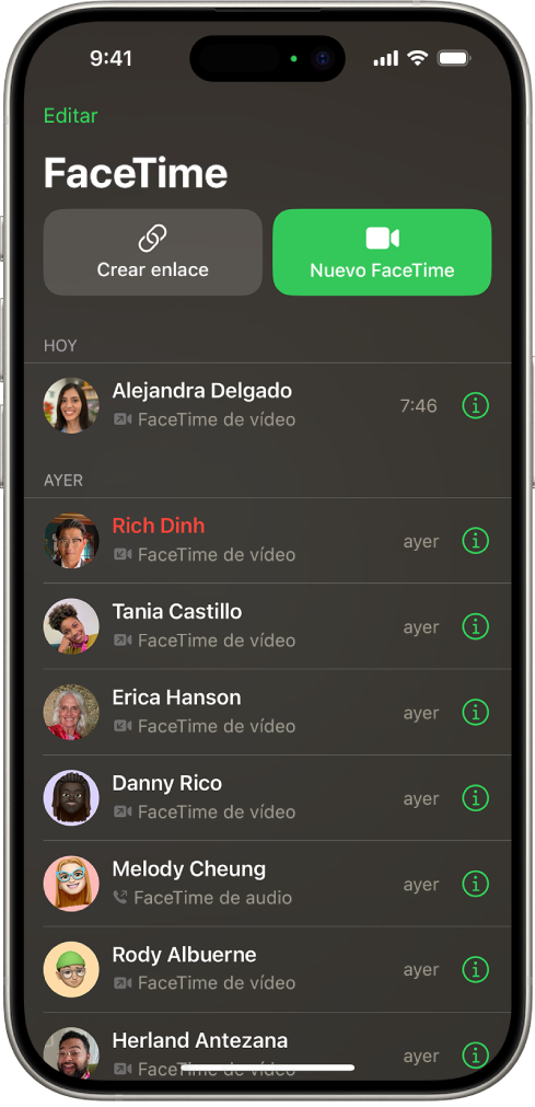 Pantalla para iniciar una llamada de FaceTime con el botón “Crear enlace” y el botón “Nuevo FaceTime” para iniciar una llamada de FaceTime.