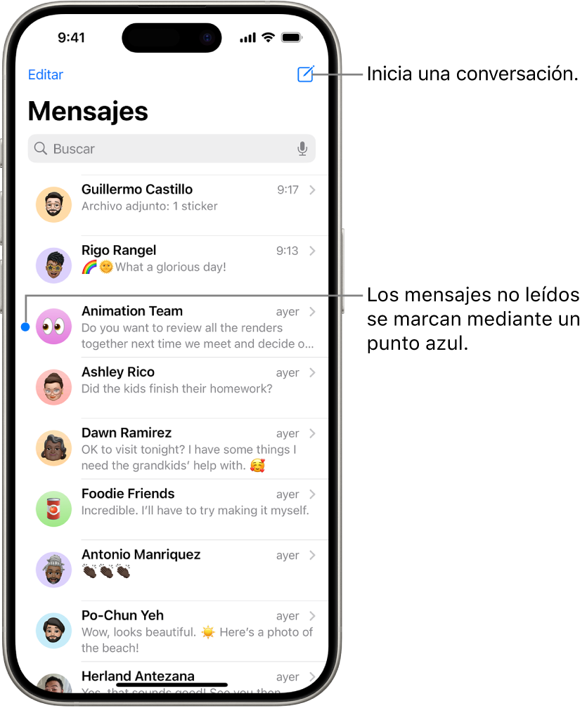 La lista de conversaciones de la app Mensajes con el botón Redactar en la esquina superior derecha. Un punto azul a la izquierda de un mensaje indica que no se ha leído.