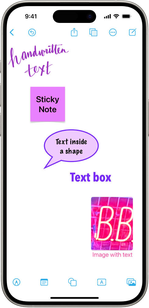 Pizarra de Freeform con un dibujo, una nota adhesiva, una figura, un cuadro de texto y una imagen, correspondientes a los botones de la parte inferior de la pantalla.