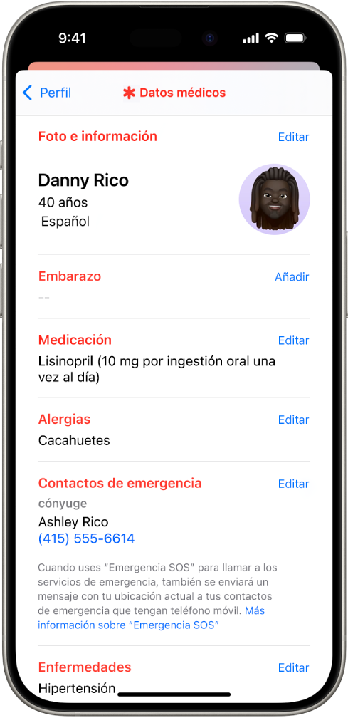 Pantalla “Datos médicos” con información, como la fecha de nacimiento, los medicamentos, las alergias, los contactos de emergencia y las afecciones médicas.