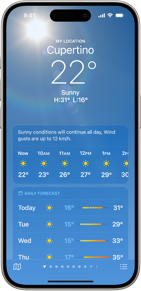 Rakenduses Weather kuvatakse (ülevalt alla): asukohta, praegust temperatuuri, päeva kõrgemaid ja madalamaid temperatuure, tunnipõhist ennustust ning 10 päeva ennustust. Ekraani all keskel kuvatav punktirida tähistab asukohtade loendis olevate asukohtade arvu. Alumises paremas nurgas on nupp Location List ning alumises vasakus nurgas on nupp Show Map.