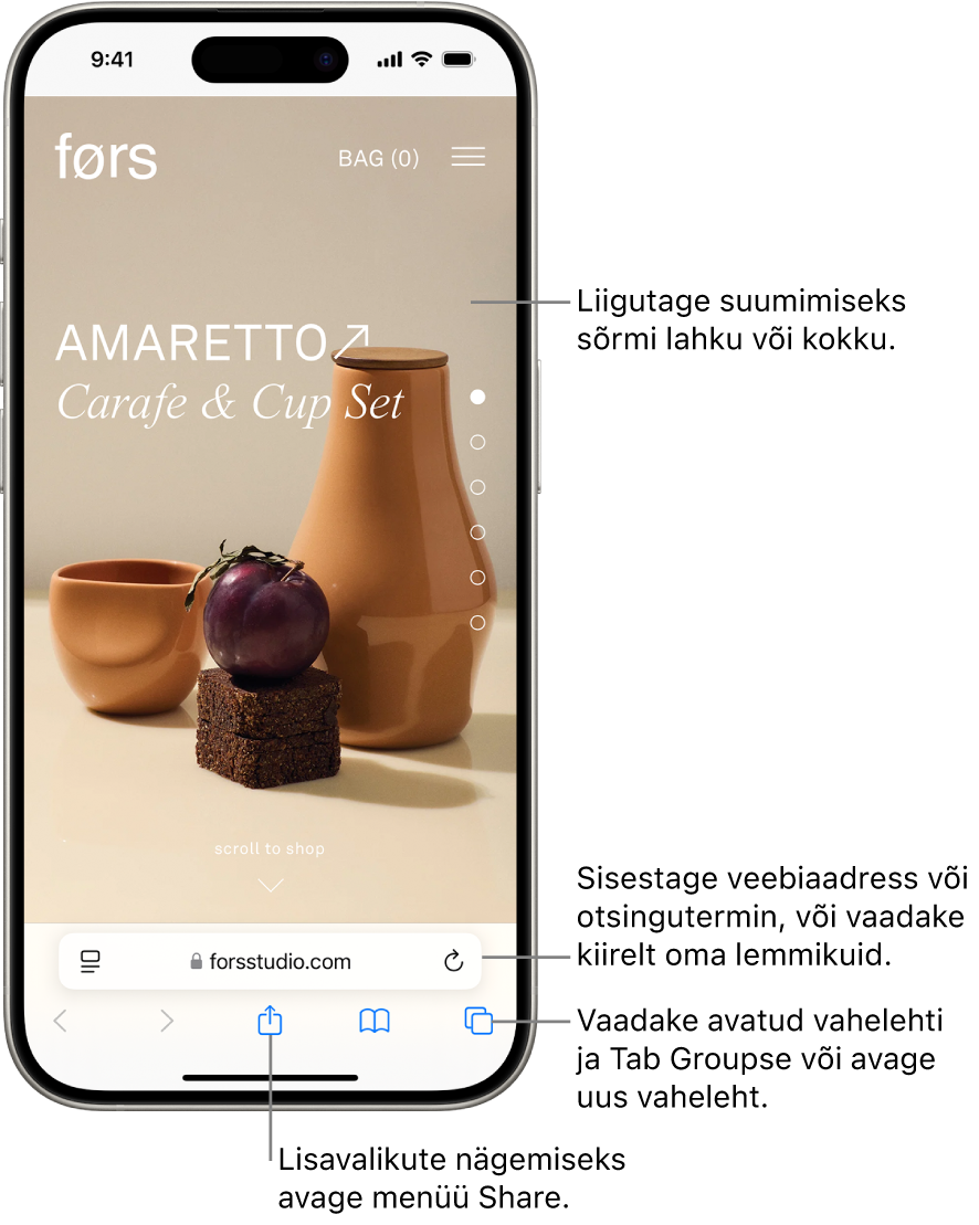 Safaris avatud veebisait, aadressiväljaga allosas. All asuvad (vasakult paremale) nupud Back, Forward, Share, Bookmarks ja Tabs.