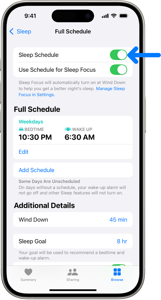 Kuva Full Schedule Sleep rakenduses Health, mille ülaosas on Sleep Schedule lülitatud sisse.