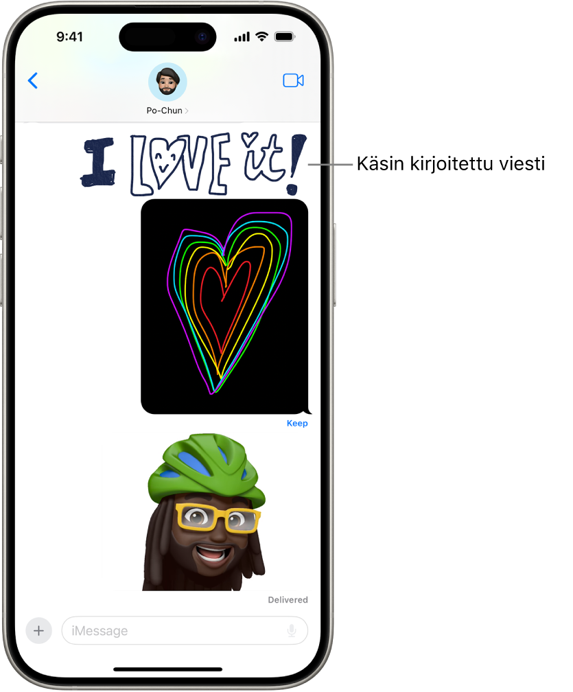 Viestit-keskustelu, jossa näkyy animoitu keskustelu: käsinkirjoitettu viesti, Digital Touch ja animoitu Memoji.