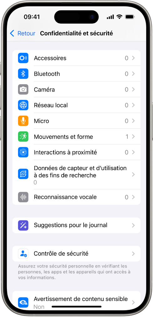 L’écran « Confidentialité et sécurité », avec des réglages permettant de contrôler les apps pouvant utiliser la caméra, le micro et d’autres parties de l’iPhone.