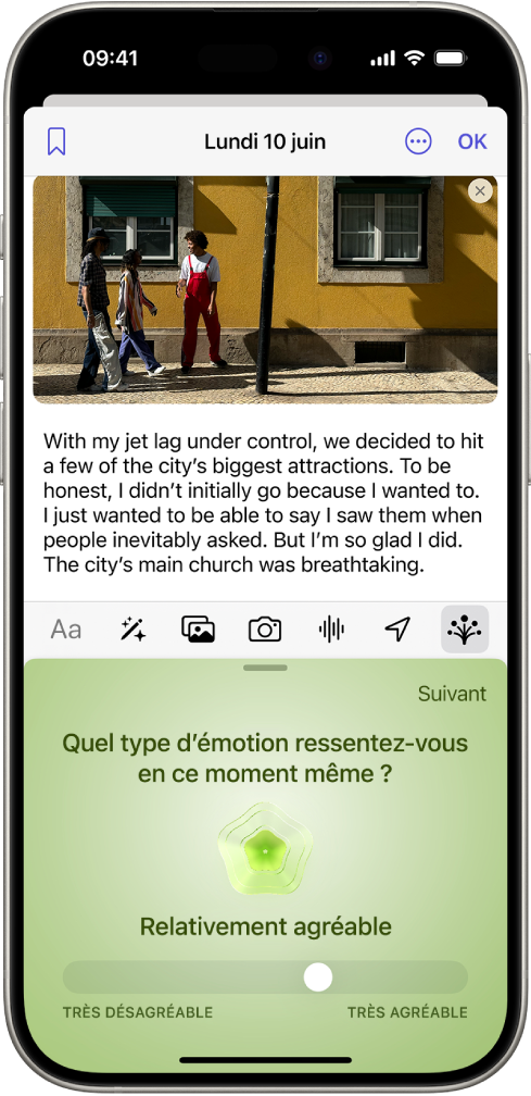 L’app Journal avec une entrée de journal en haut de l’écran. En bas de l’écran, un curseur permet d’enregistrer votre état d’esprit.