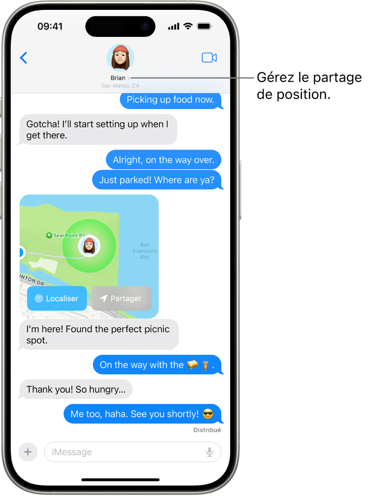 Une conversation Messages avec une position partagée à l’aide de Localisation précise.