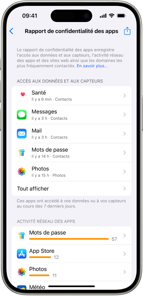 Un rapport de confidentialité des apps présentant une liste d’informations sur des apps pour la catégorie « Accès aux données et aux capteurs », et des informations sur des apps pour la catégorie « Activité réseau des apps ».