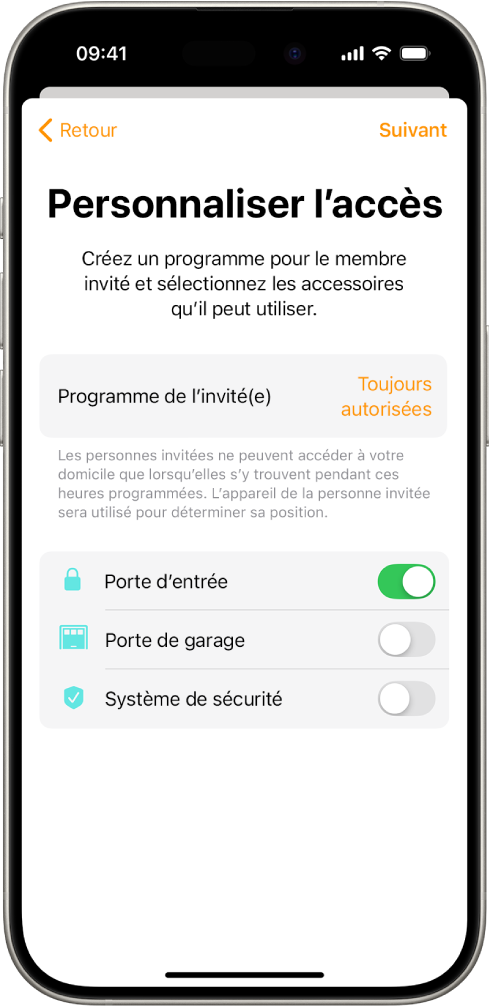 L’écran « Personnaliser l’accès » de l’app Maison. L’option « Programme de l’invité(e) » apparaît en haut de l’écran ; en dessous de celle-ci figurent les différents accessoires auxquels la personne invitée peut ou non accéder.