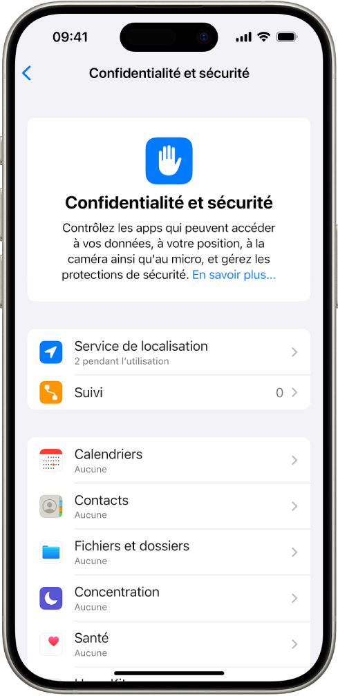 L’écran « Confidentialité et sécurité », avec des réglages pour le service de localisation et le suivi, ainsi que des réglages permettant de contrôler les apps qui accèdent aux données.