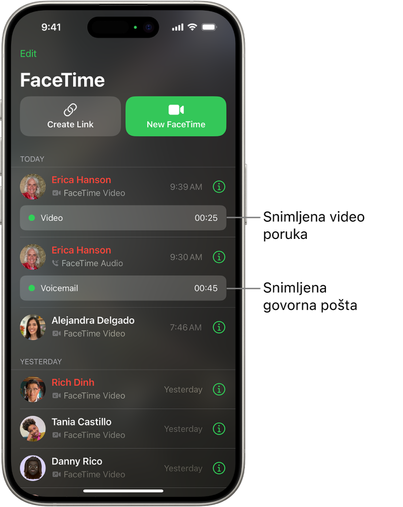 Povijest poziva u FaceTimeu s linkovima na snimljenu video poruku i govorne pošte.