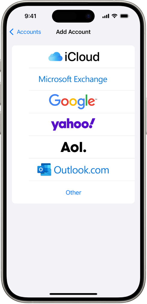 A Fiók hozzáadása képernyő az alábbi lehetőségekkel: iCloud, Microsoft Exchange, Google, Yahoo, AOL és Egyéb.