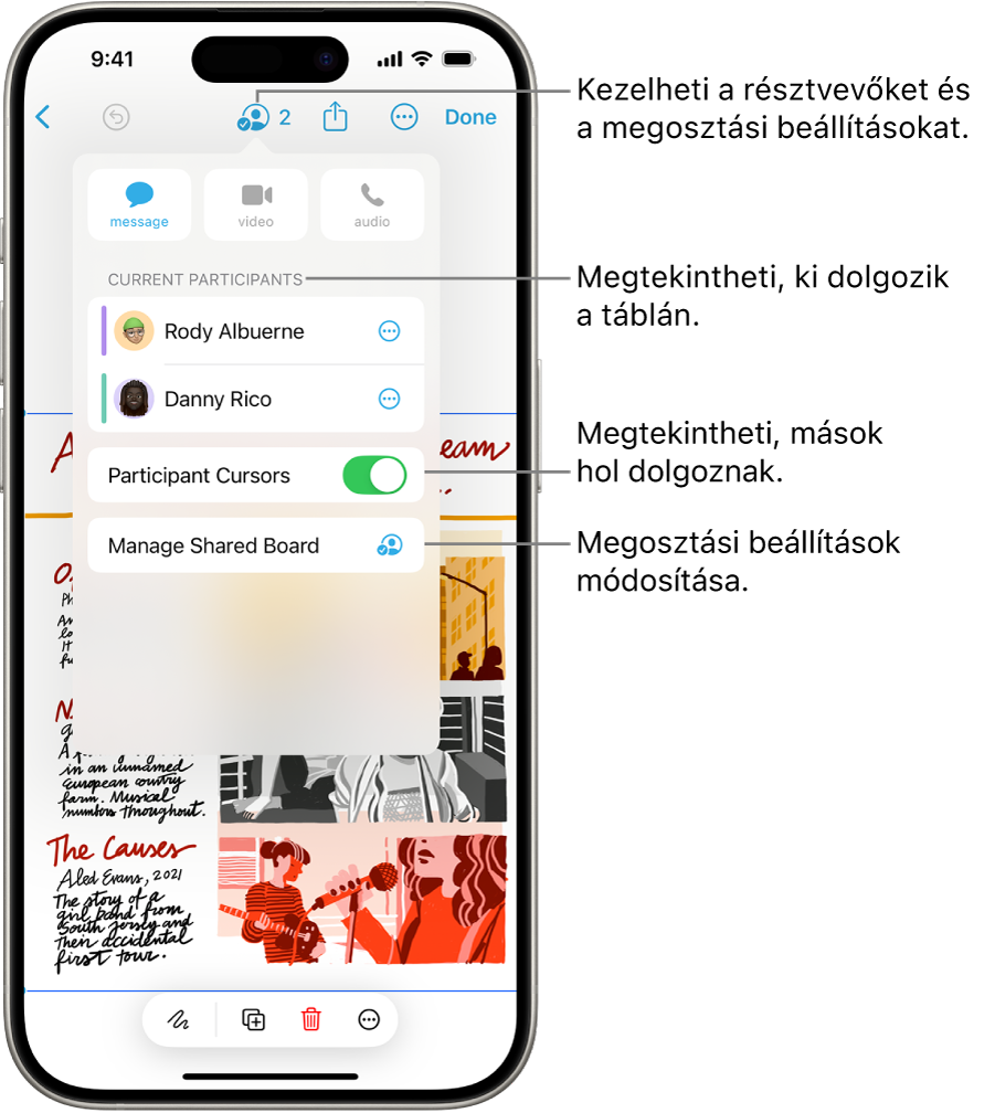 Egy iPhone-on egy megosztott Freeform-tábla látható a megnyitott együttműködési menüvel.