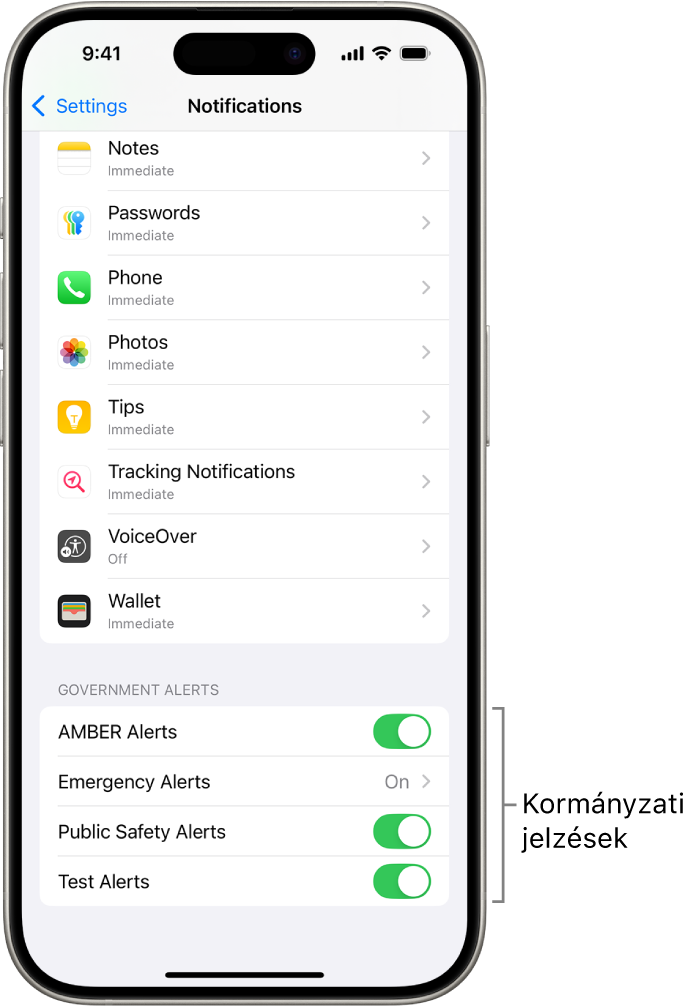Az értesítések képernyője azokkal a kormányzati jelzésekkel, amelyeket bekapcsolhat, ha kormányzati jelzéseket szeretne kapni.