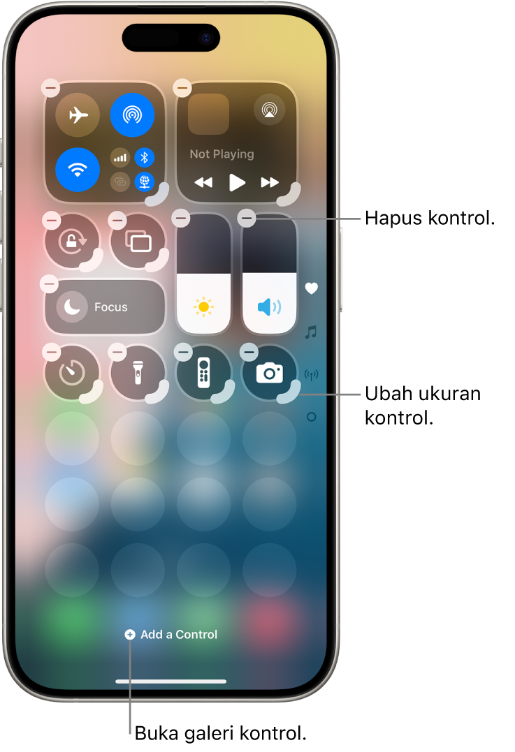 Pusat Kontrol yang sedang diedit, dengan tombol Hapus dan pengendali ubah ukuran di setiap kontrol.