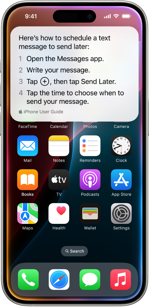 La schermata Home di iPhone che mostra i passaggi forniti da Siri per programmare l’invio di un messaggio in un secondo momento.