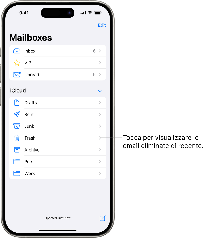 La schermata delle caselle di posta. Sotto iCloud, vengono elencate le caselle dall’alto in basso, incluso il cestino. Toccalo per visualizzare le email che hai eliminato di recente.