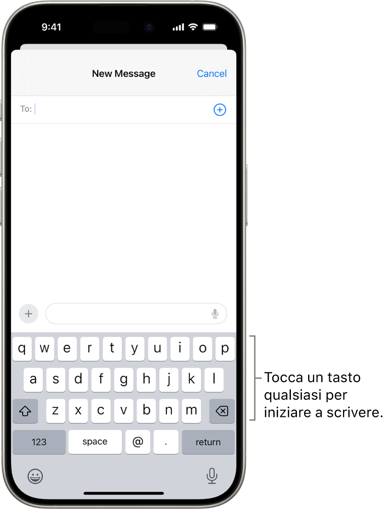 Nell’app Mail è presente un’email vuota. Nella metà inferiore è presente la tastiera su schermo.