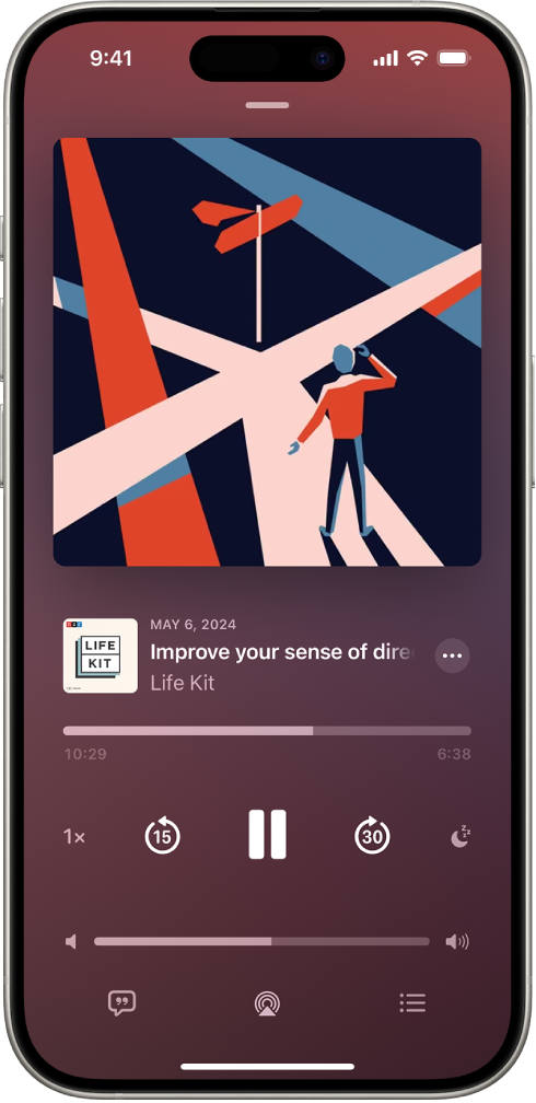 Il pannello “In riproduzione” nell’app Podcast che mostra l’illustrazione di un podcast, il titolo di una puntata, i controlli di riproduzione e il cursore del volume. Nella parte inferiore dello schermo è presente l’icona di AirPlay e il pulsante “In coda”.