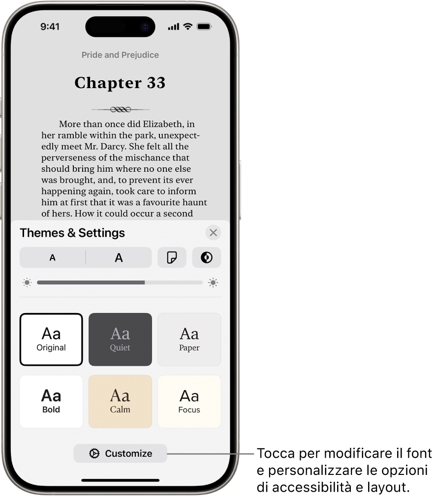 La pagina di un libro nell’app Libri. Le opzioni “Temi e impostazioni” mostrano i controlli per le dimensioni del font, la vista a scorrimento, lo stile del giro pagina, la luminosità e gli stili per il font.