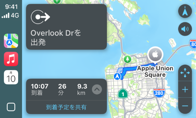 CarPlay。サイドバーに「マップ」、「ミュージック」、「カレンダー」が表示されています。右側にはApple ParkからApple Union Stationまでの経路案内が表示されています。