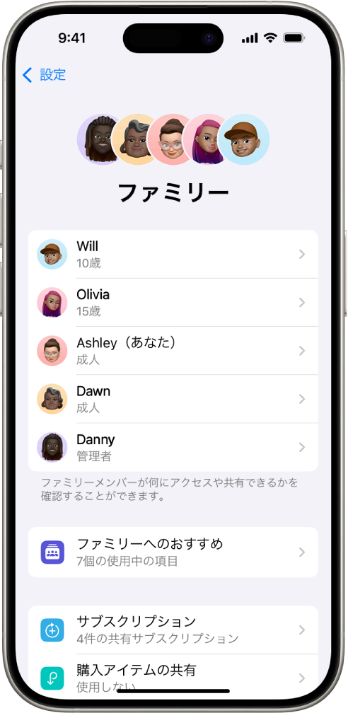 「設定」の「ファミリー共有」画面。5人のファミリーメンバーがリストされており、それぞれの名前の下には、家族のおすすめ、「サブスクリプション」、および「購入アイテムの共有」のオプションがあります。