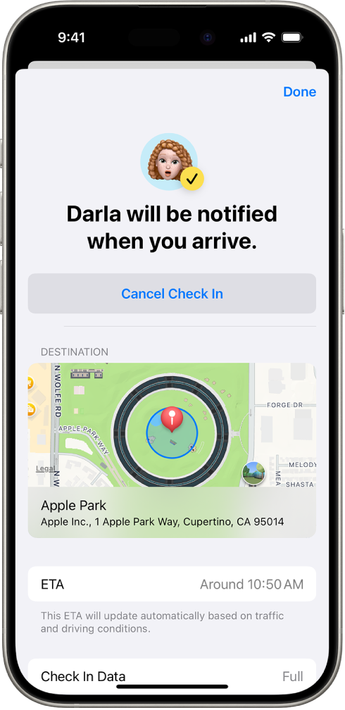 Ekrāns Check In, kurā redzams, ka draugs tiks informēts pēc 14 minūtēm, zem tā ir opcijas, lai pagarinātu šo laiku vai atceltu informēšanu Check In. Apakšā ir karte, kurā redzama pašreizējā atrašanās vieta.