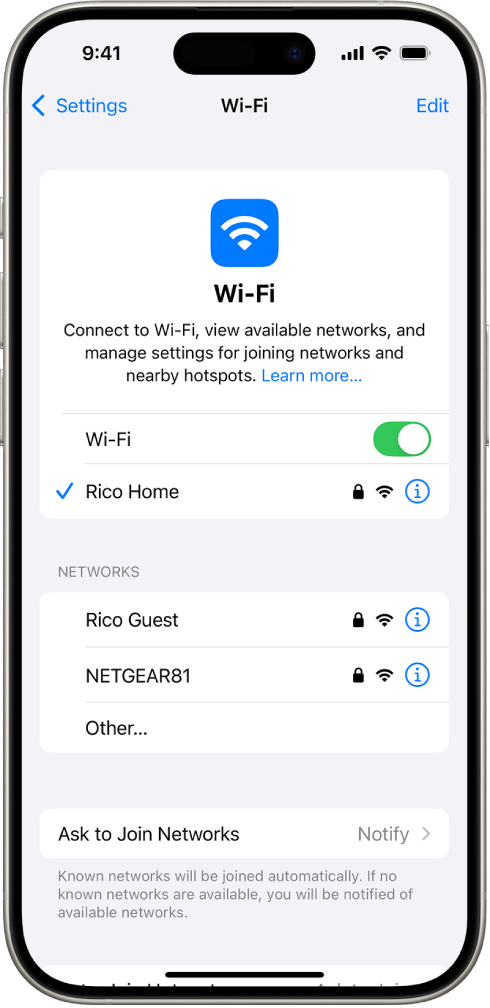 Wi-Fi ရွေးချယ်မှုဖန်သားပြင်ကို Settings တွင်ပြသည်။ Wi-Fi ကိုဖွင့်၍ ကွန်ရက်တစ်ခုကို ရွေးချယ်ထားသည်။