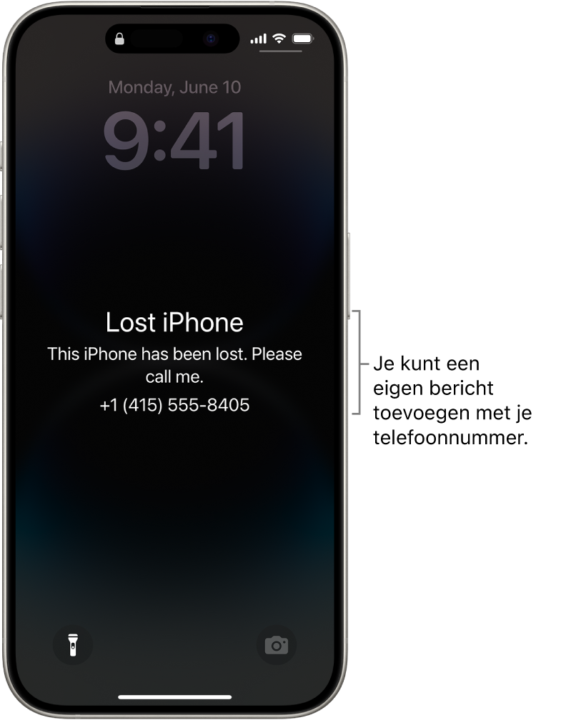 Het toegangsscherm van een iPhone met een bericht over een kwijtgeraakte iPhone. Je kunt een eigen bericht toevoegen met je telefoonnummer.