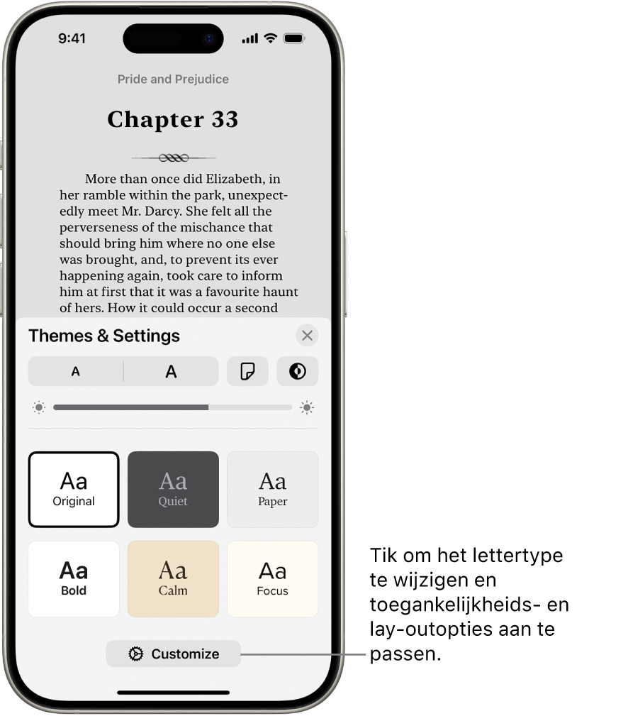 Een pagina van een boek in de Boeken-app. De opties van 'Thema's en instellingen', met regelaars voor de lettergrootte, de schuifweergave, de stijl voor het omslaan van pagina's, de helderheid en lettertypestijlen.