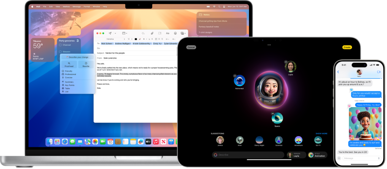 Van links naar rechts een Mac waarop Schrijfhulp voor een e‑mail wordt gebruikt, een iPad met Image Playground en een iPhone met een genmoji in een berichtenreeks.