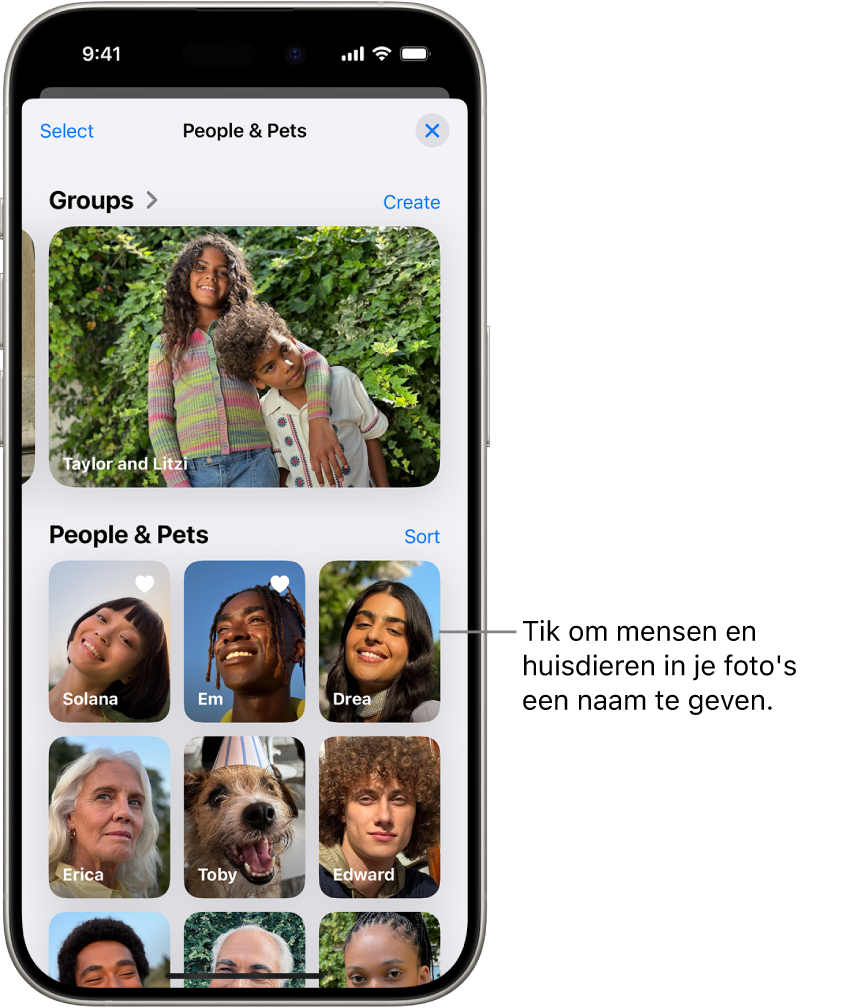 De verzameling 'Personen en huisdieren' in de Foto's-app. Groepen staan bovenaan en personen en huisdieren worden daaronder weergegeven.