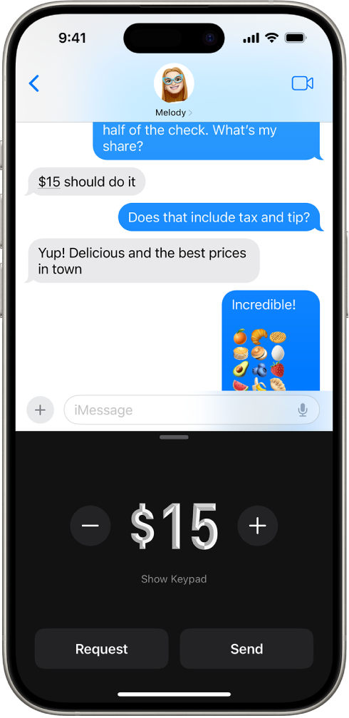 Een iMessage-gesprek met Apple Pay onder in het scherm geopend.