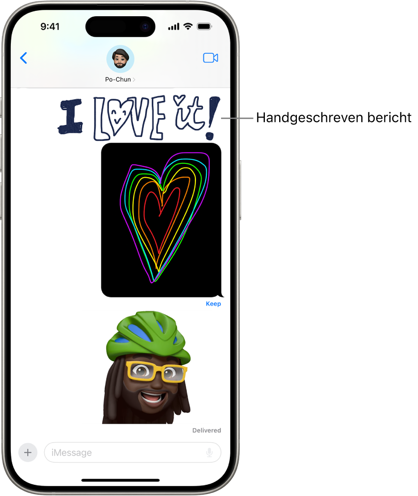 Een gesprek in Berichten met animaties: een handgeschreven bericht, Digital Touch en geanimeerde memoji's.