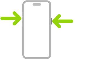 Een afbeelding van een iPhone met een pijl die rechtsboven naar de zijknop wijst en een pijl die linksboven naar de volume-omhoogknop wijst.