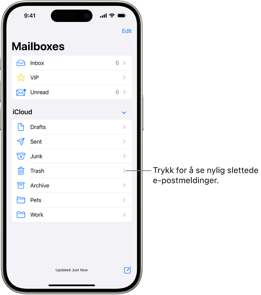 Postkasser-skjermen. Under iCloud vises postkasser fra øverst til nederst, inkludert Papirkurv-postkassen. Trykk på den for å se nylig slettede e-poster.