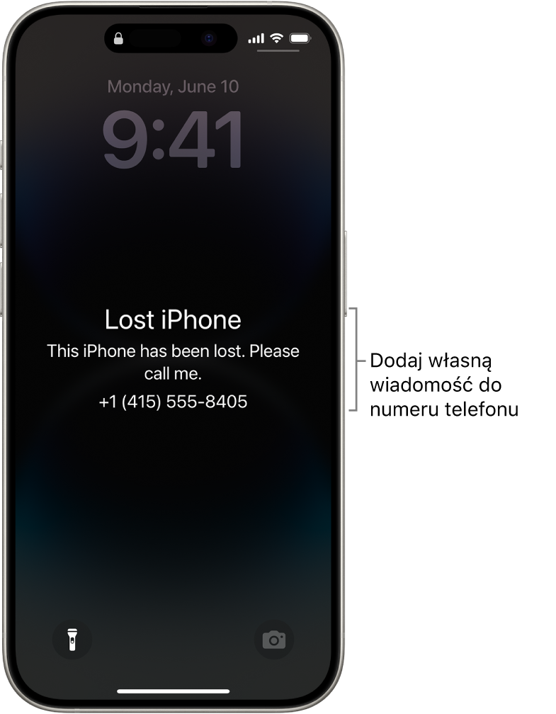 Ekran blokady iPhone’a, wyświetlający komunikat o utraceniu iPhone’a. Do numeru telefonu możesz dodać własną wiadomość.