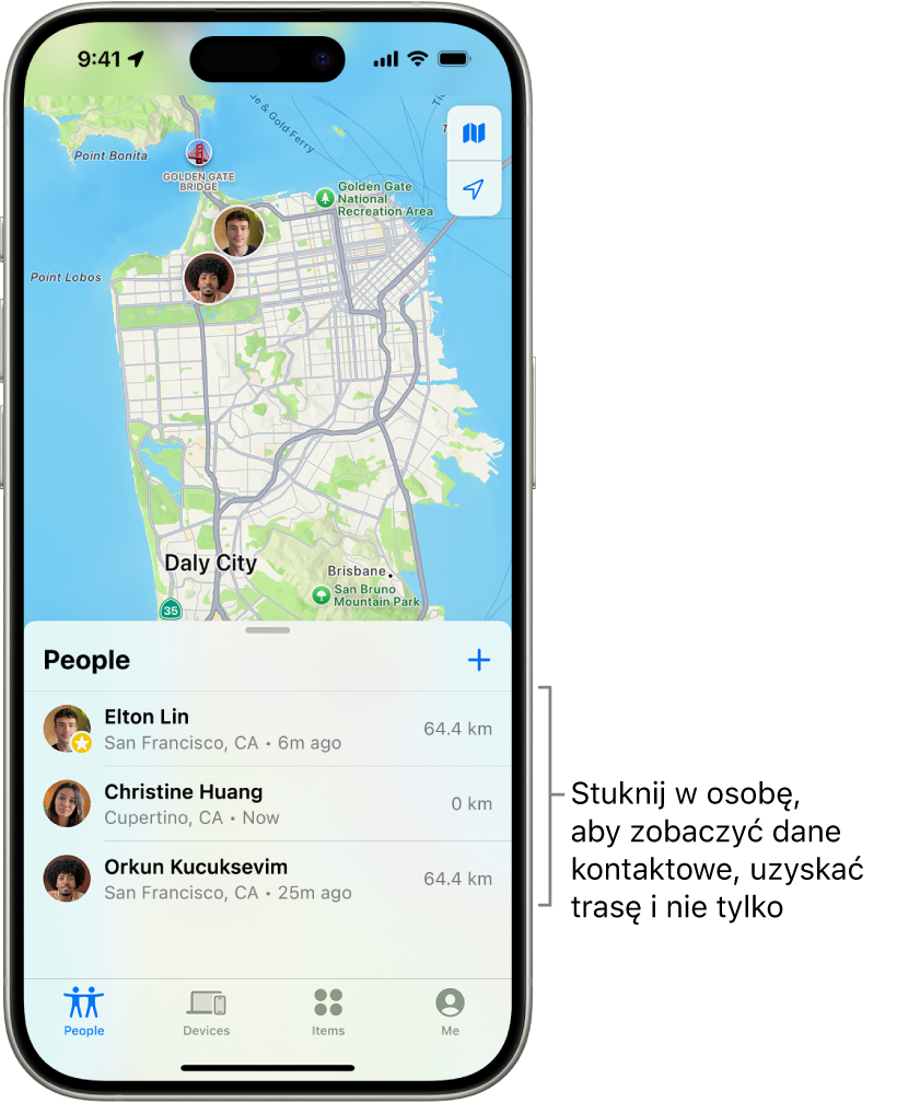 Lista Osoby w aplikacji Znajdź. Na liście widoczne są cztery osoby: Oliwia Ryszka, Dagna Sojka, Adela Ryszka i Wiktor Ryszka. Stuknij w przycisk dodawania na górze listy osób, aby udostępnić swoje położenie.